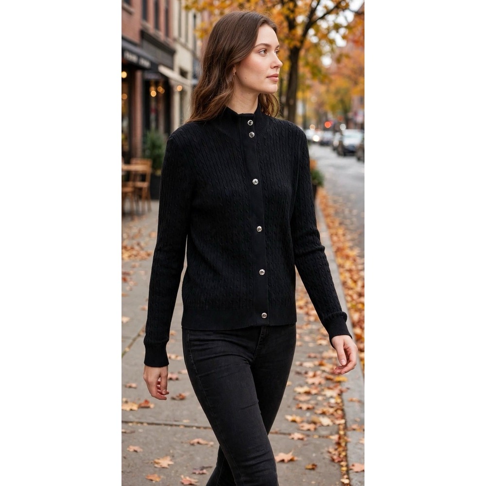 Lauren Ralph Lauren Petite Cable Knit Cardigan Black Crystal Buttons S Petite